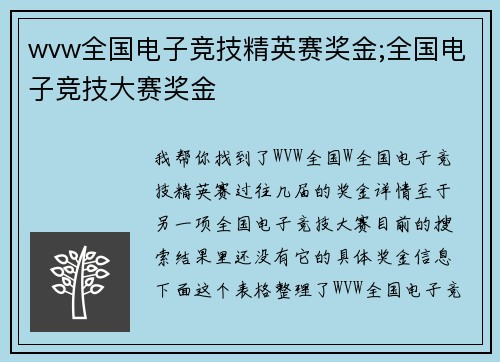 wvw全国电子竞技精英赛奖金;全国电子竞技大赛奖金
