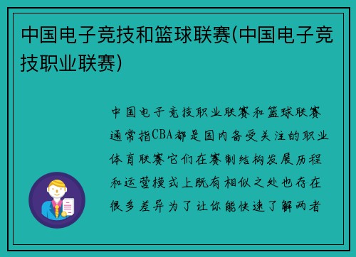 中国电子竞技和篮球联赛(中国电子竞技职业联赛)