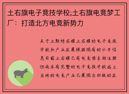 土右旗电子竞技学校;土右旗电竞梦工厂：打造北方电竞新势力